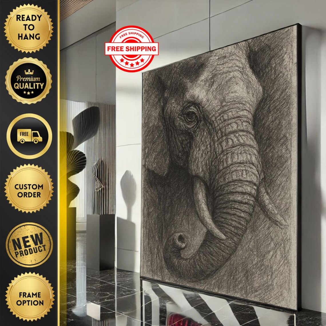 Majestic African Elephant Portrait in Charcoal Sketch Poster