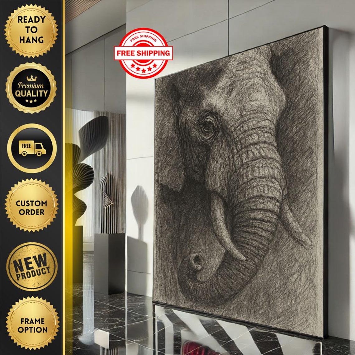 Majestic Elephant Portrait Canvas Wall Art Print Monochrome Living Room Decor Ready To Hang Statement Piece