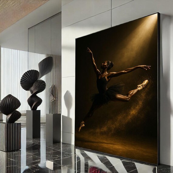 Ballerina Mid Leap Golden Spotlight Dark Stage Dance Photography Poster