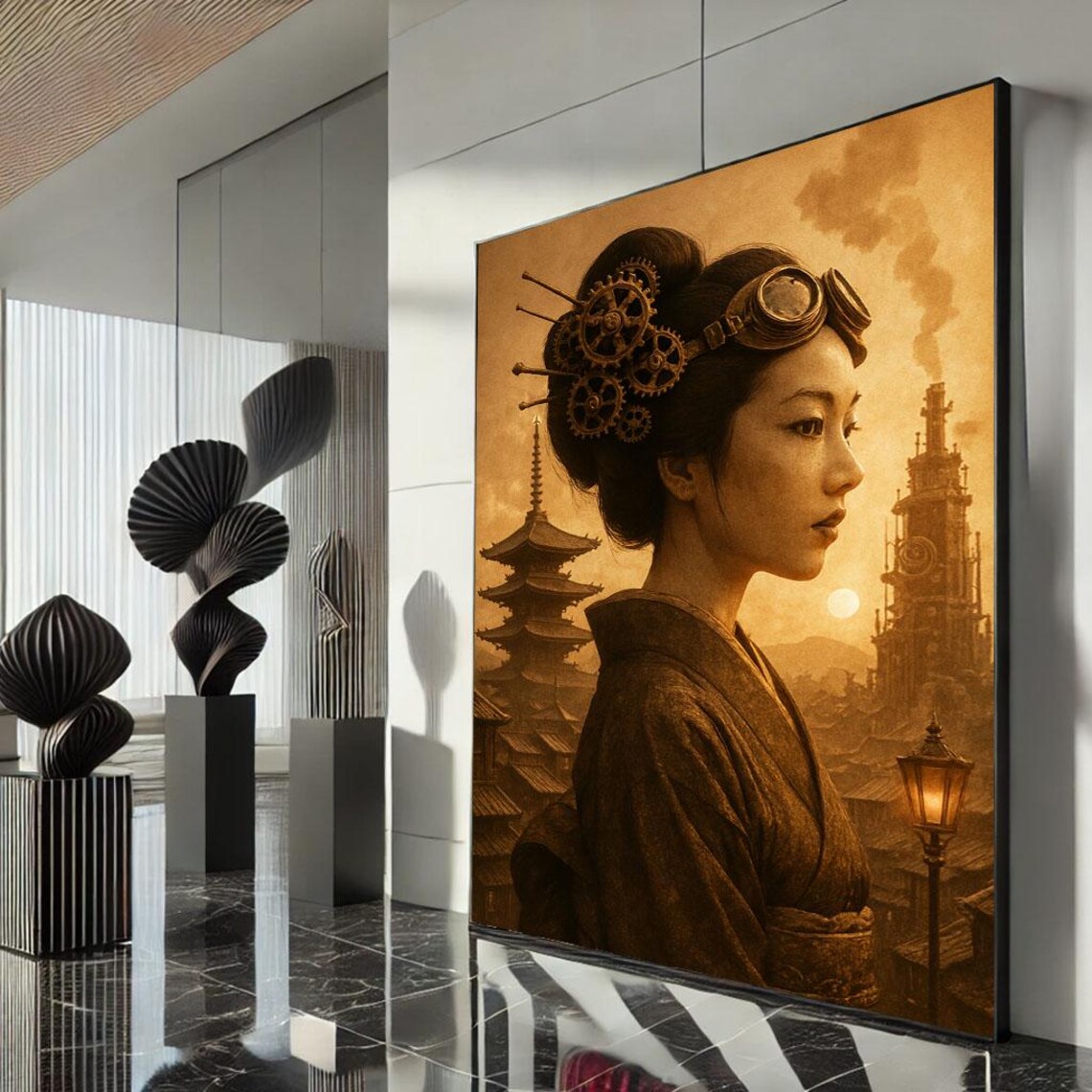 Steampunk Geisha Brass Gears Goggles Victorian Japanese City Poster