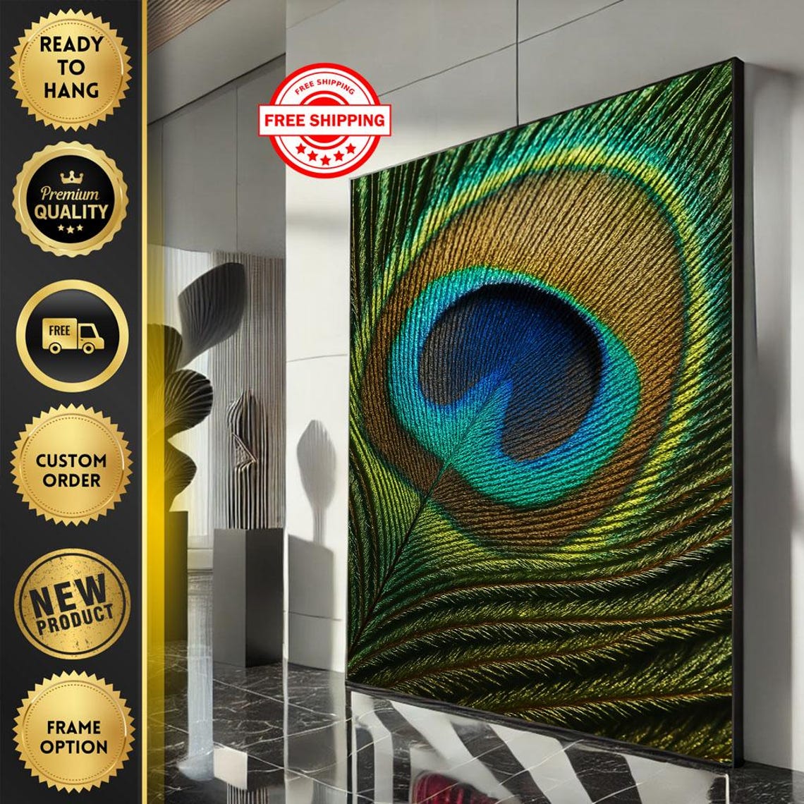Peacock Feather Close Up Abstract in Emerald and Teal Art Poster