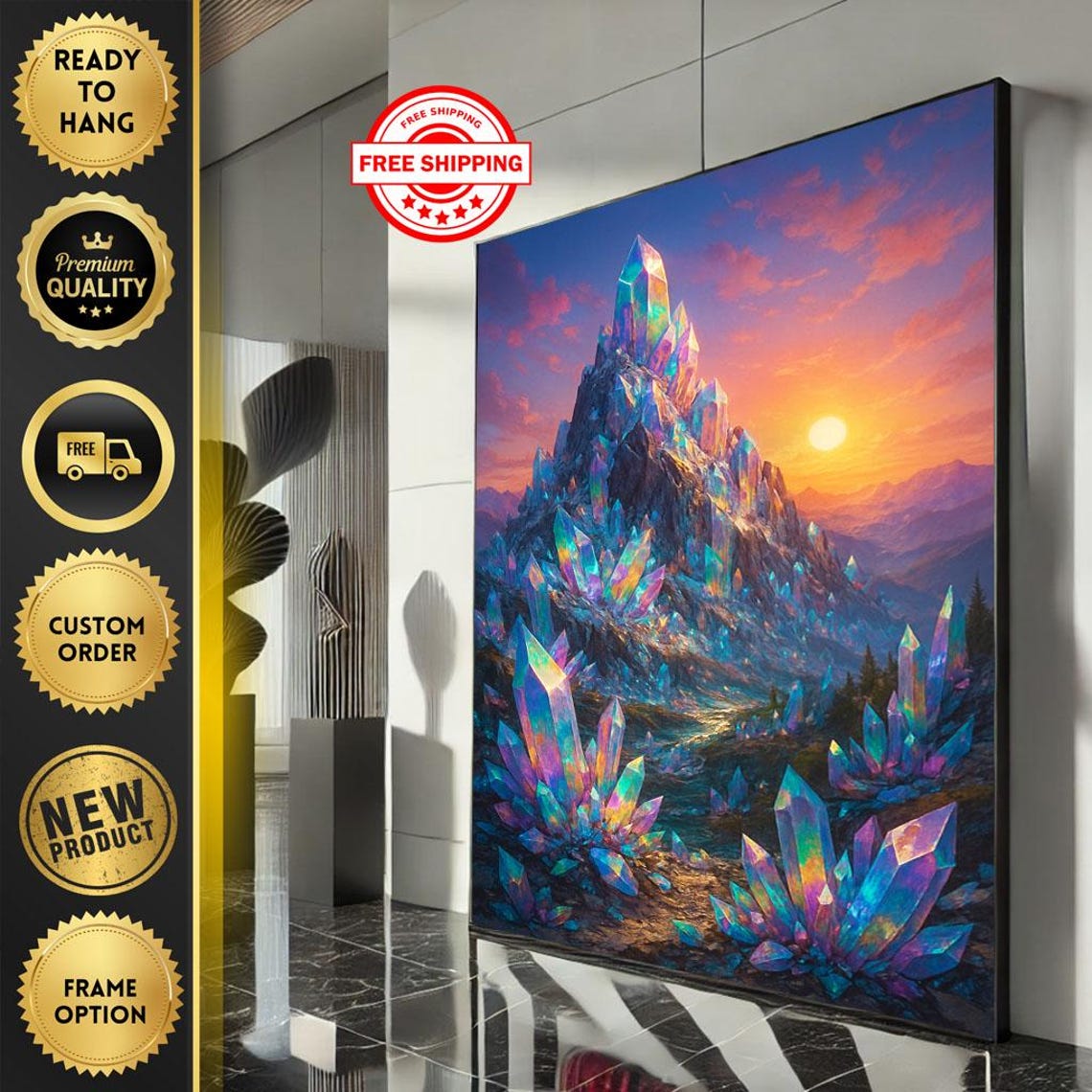 Rainbow Crystal Mountain Glowing At Sunset Fantasy Art Poster