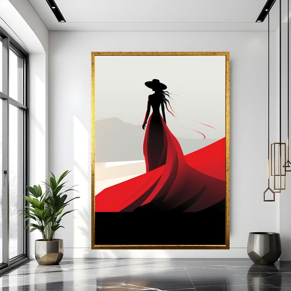 Woman Red Dress Silhouette Elegant Fashion Gown Decor Poster - Image 3