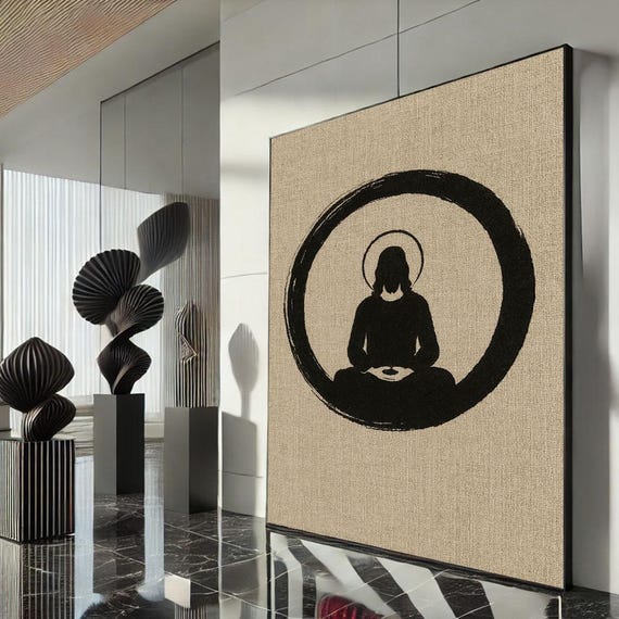 Minimalist Zen Buddha Canvas Wall Art Print Black And Beige Living Room Decor Statement Piece