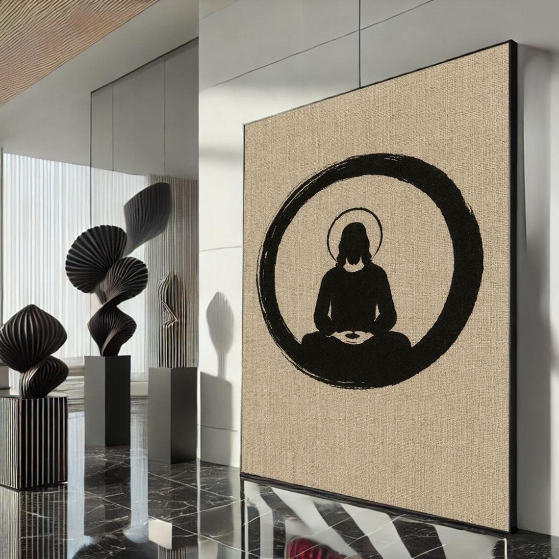 Zen Enso Circle Meditating Buddha Silhouette Beige Linen Wall Art