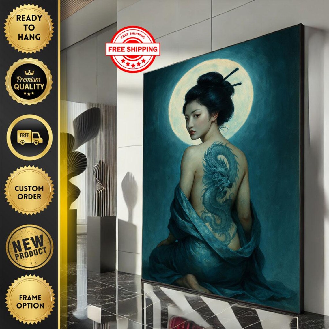 Japanese Woman with Blue Dragon Tattoo in Moonlight Portrait Poster