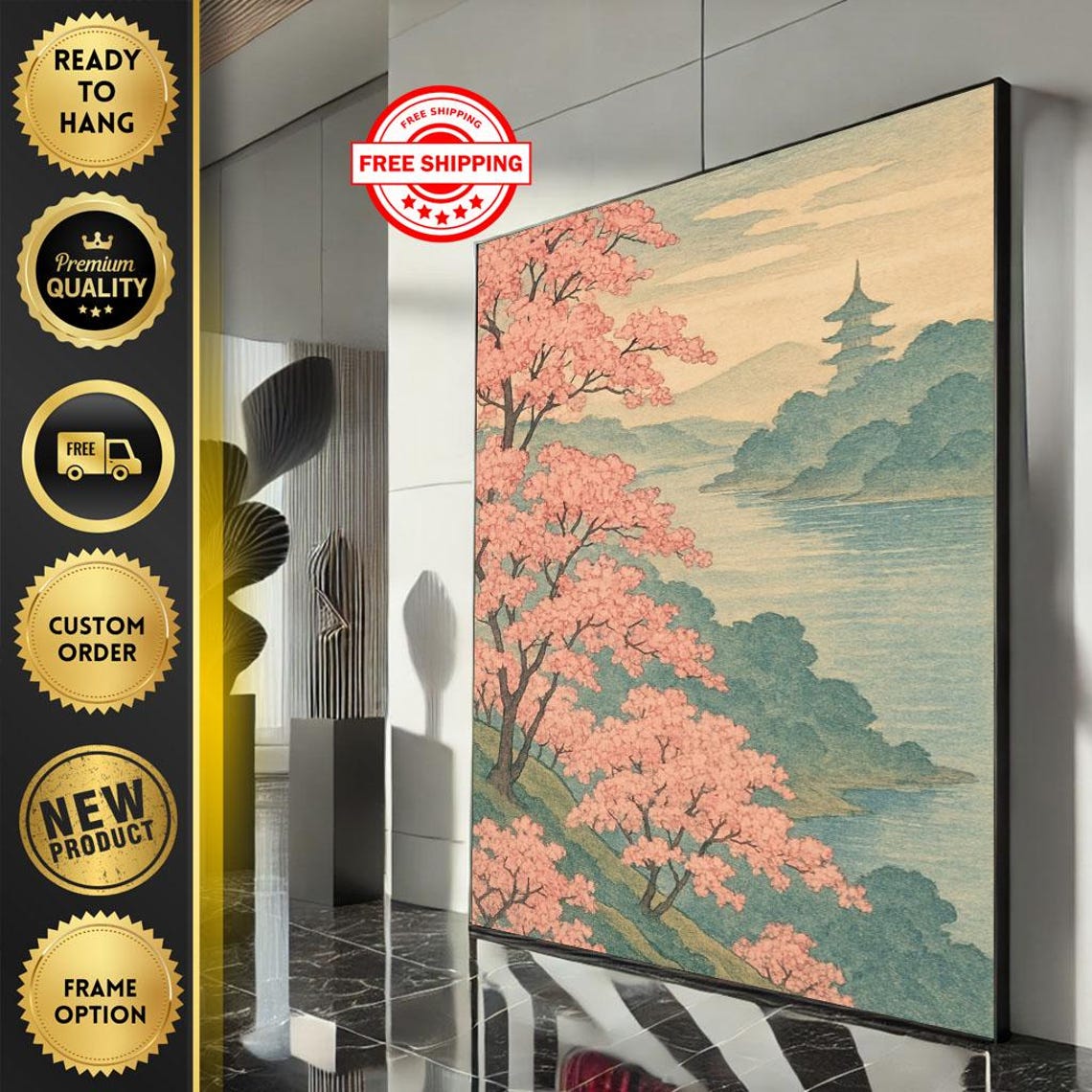 Japanese Cherry Blossom Pagoda Lake Tranquil Landscape Poster