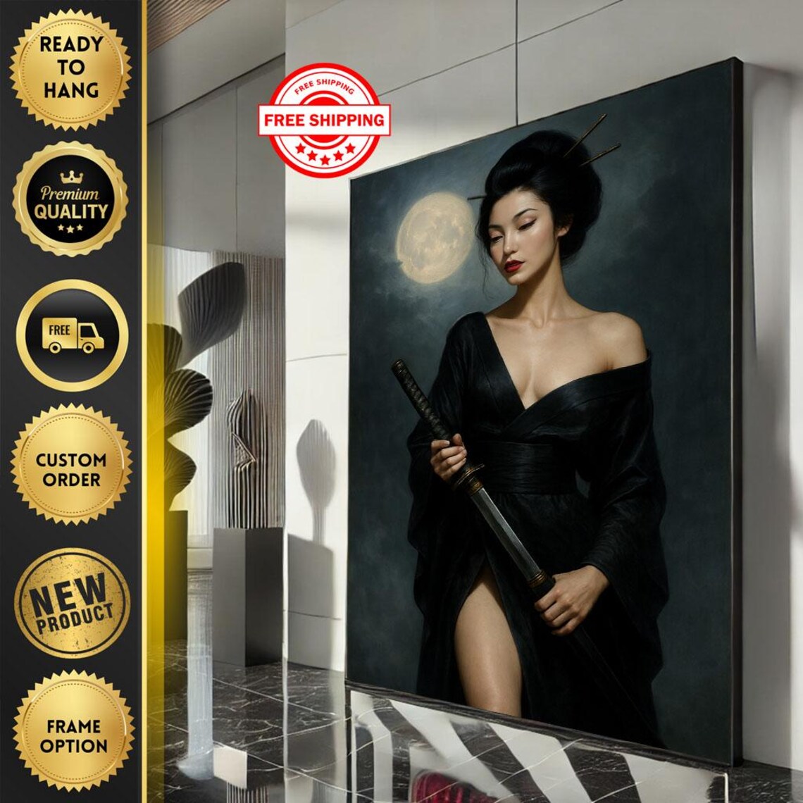 Elegant Geisha With Katana Sword Moonlit Night Portrait Poster