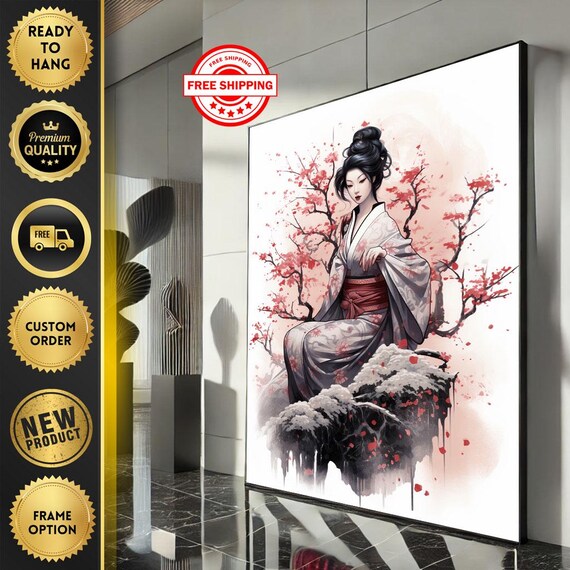 Elegant Japanese Woman in White Kimono Cherry Blossom Zen Ink Wash Art Poster