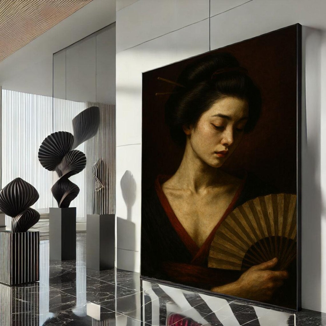 Elegant Geisha Portrait Folding Fan Dark Oil Painting Classic Poster