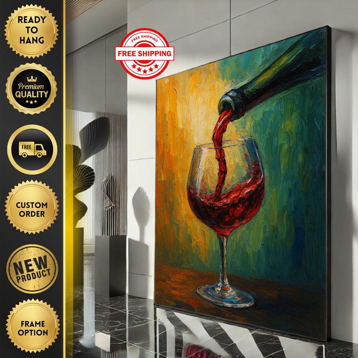Red Wine Pour Impasto Oil Painting Glass Modern Kitchen Art Poster