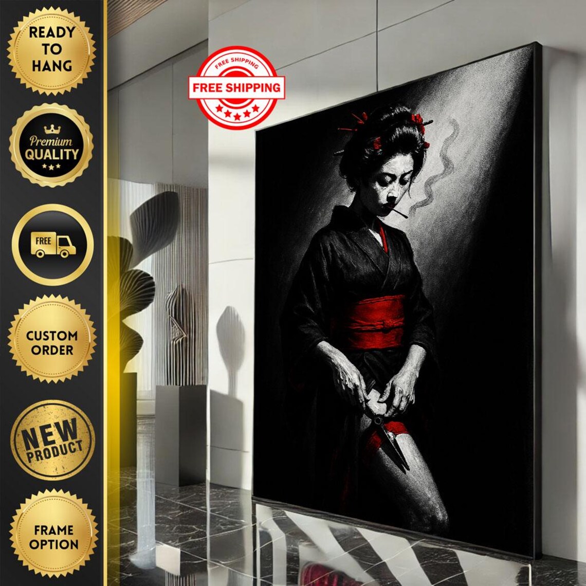Noir Geisha Smoking Red Obi Charcoal Dark Portrait Art Poster