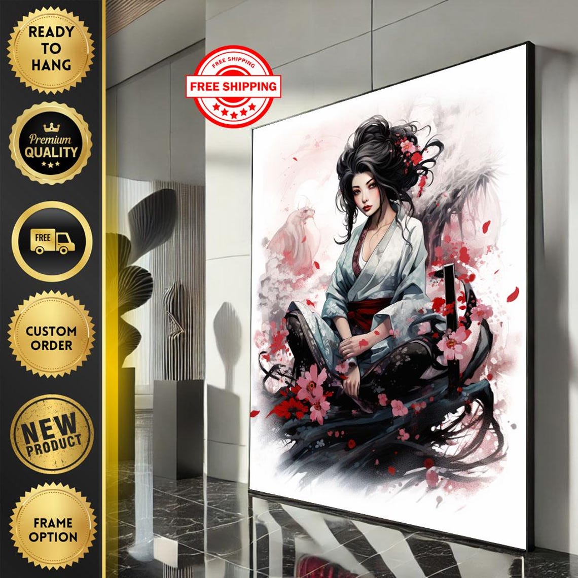 Romantic Japanese Geisha in White Kimono Cherry Blossom Ink Poster