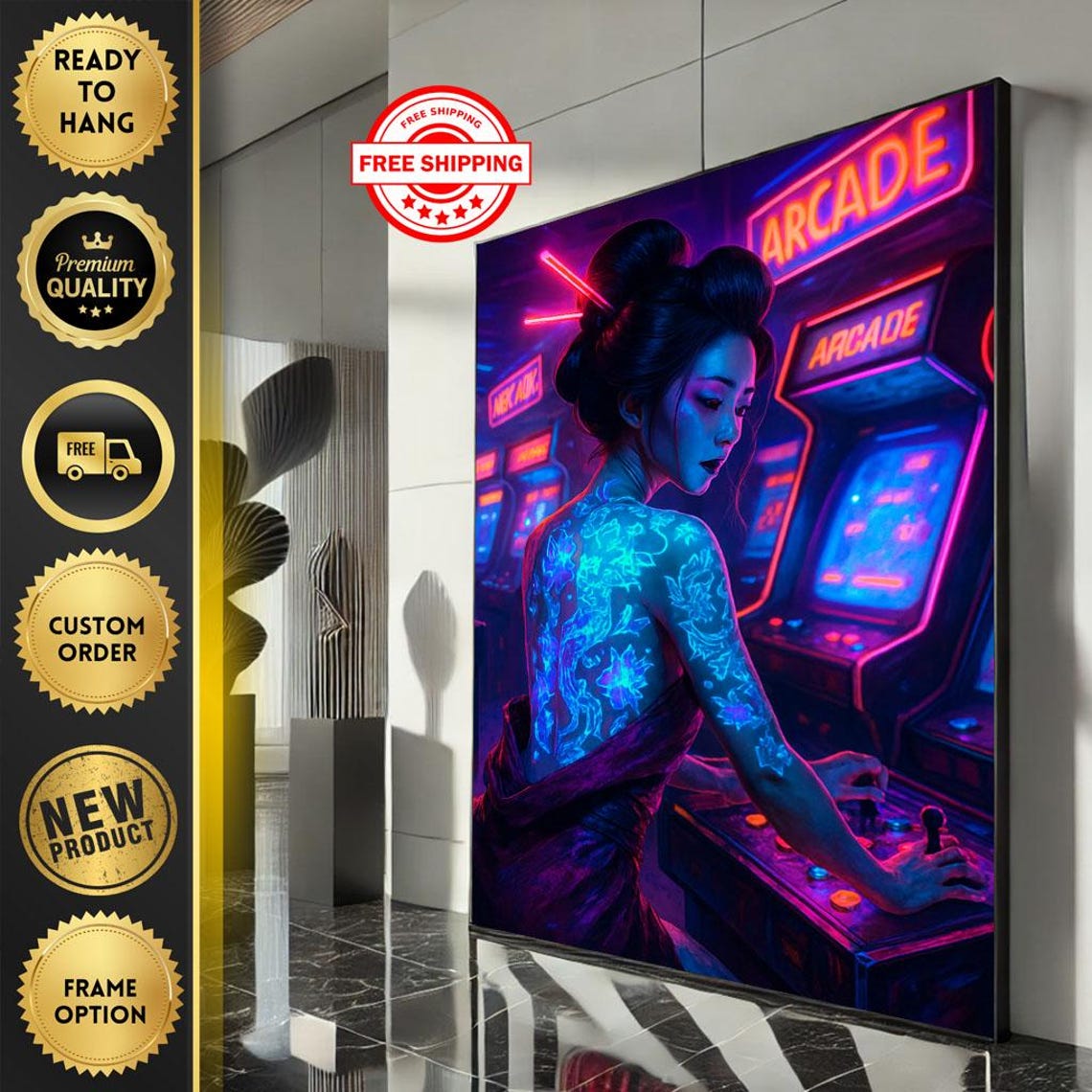 Neon Arcade Geisha Cyberpunk Tattooed Woman Gaming Art Poster
