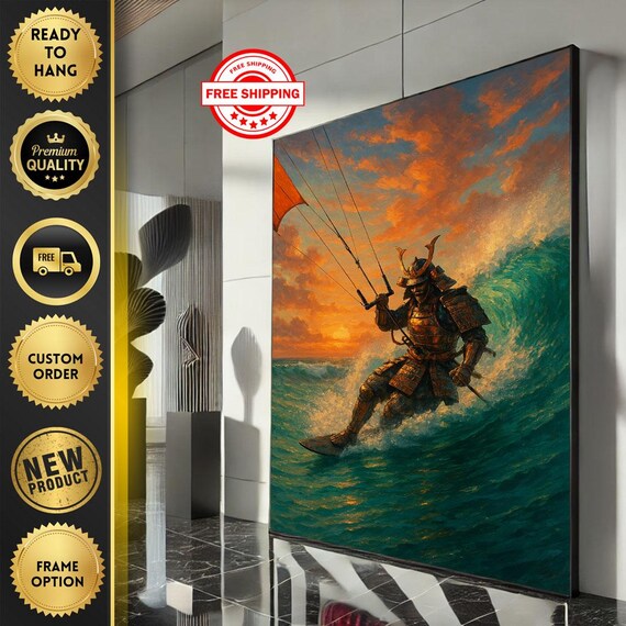 Samurai Surfing Canvas Wall Art Print Dynamic Modern Living Room Decor Ready To Hang Statement Piece