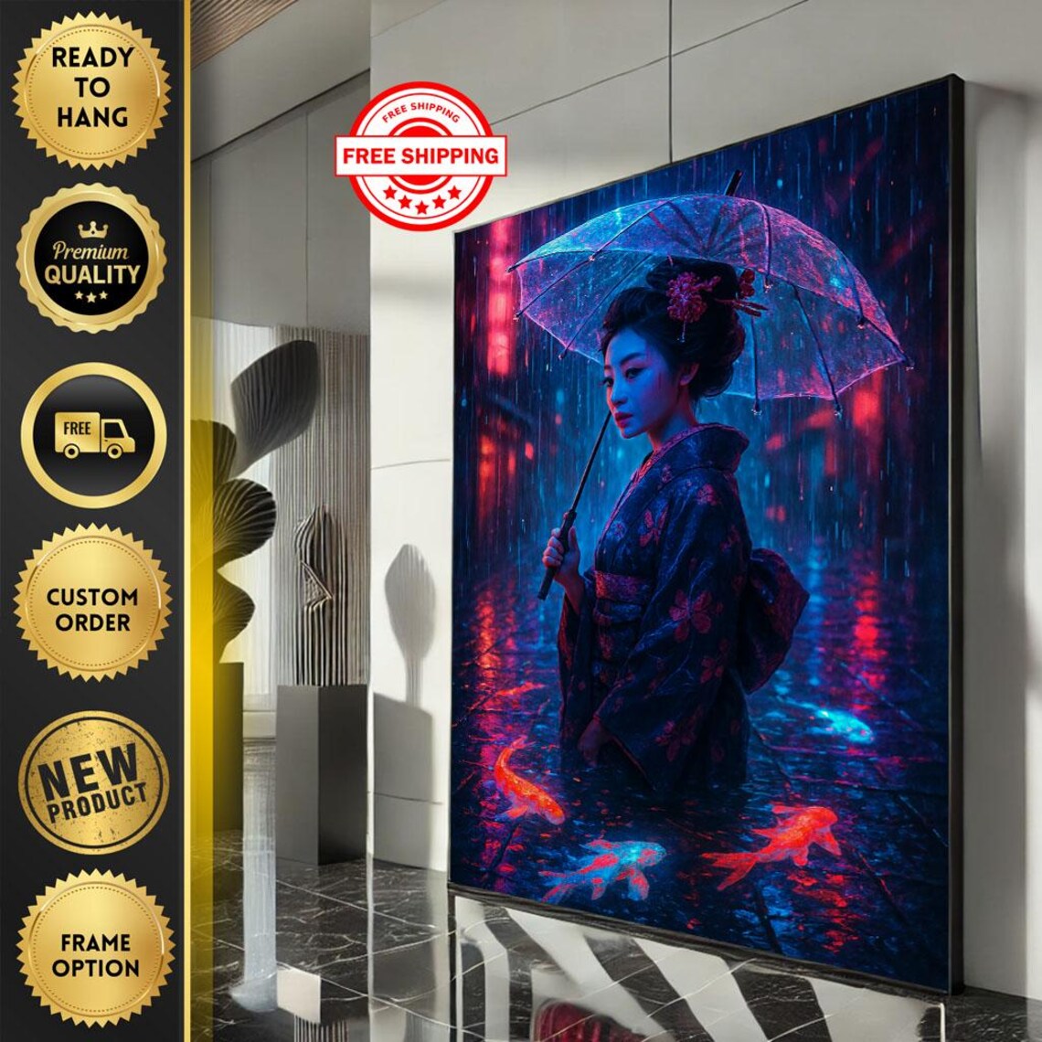 Geisha With Umbrella in Neon Rain and Koi Fish Cyberpunk Art Print