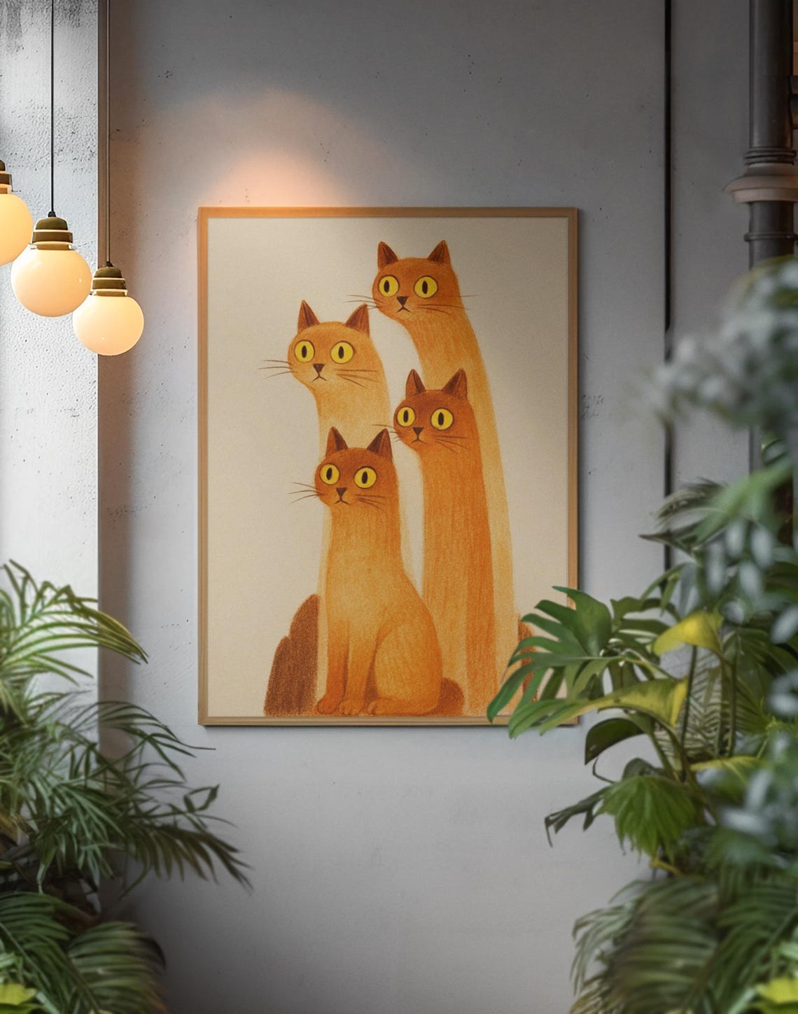 Four Ginger Cats Big Yellow Eyes Whimsical Retro Cat Wall Art