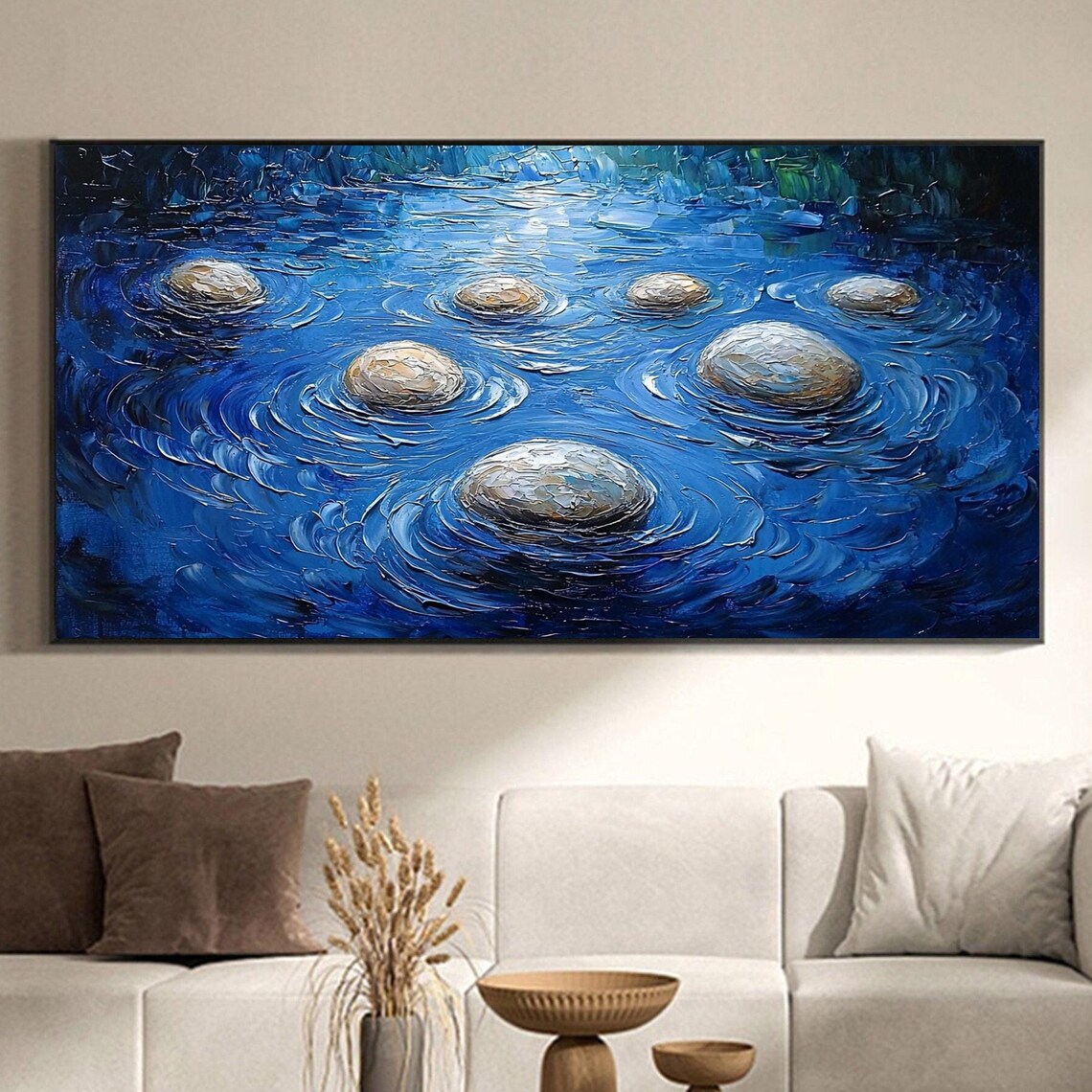Smooth Round Stones Rising From Swirling Cobalt Blue Sea Poster
