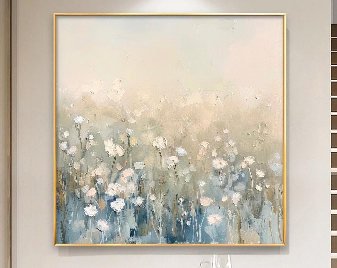 Soft White Wildflowers Field on Muted Beige Minimalist Floral Wall Art