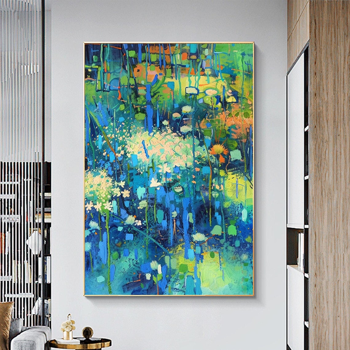 Emerald Green Wildflower Meadow Abstract Oil Painting Poster
