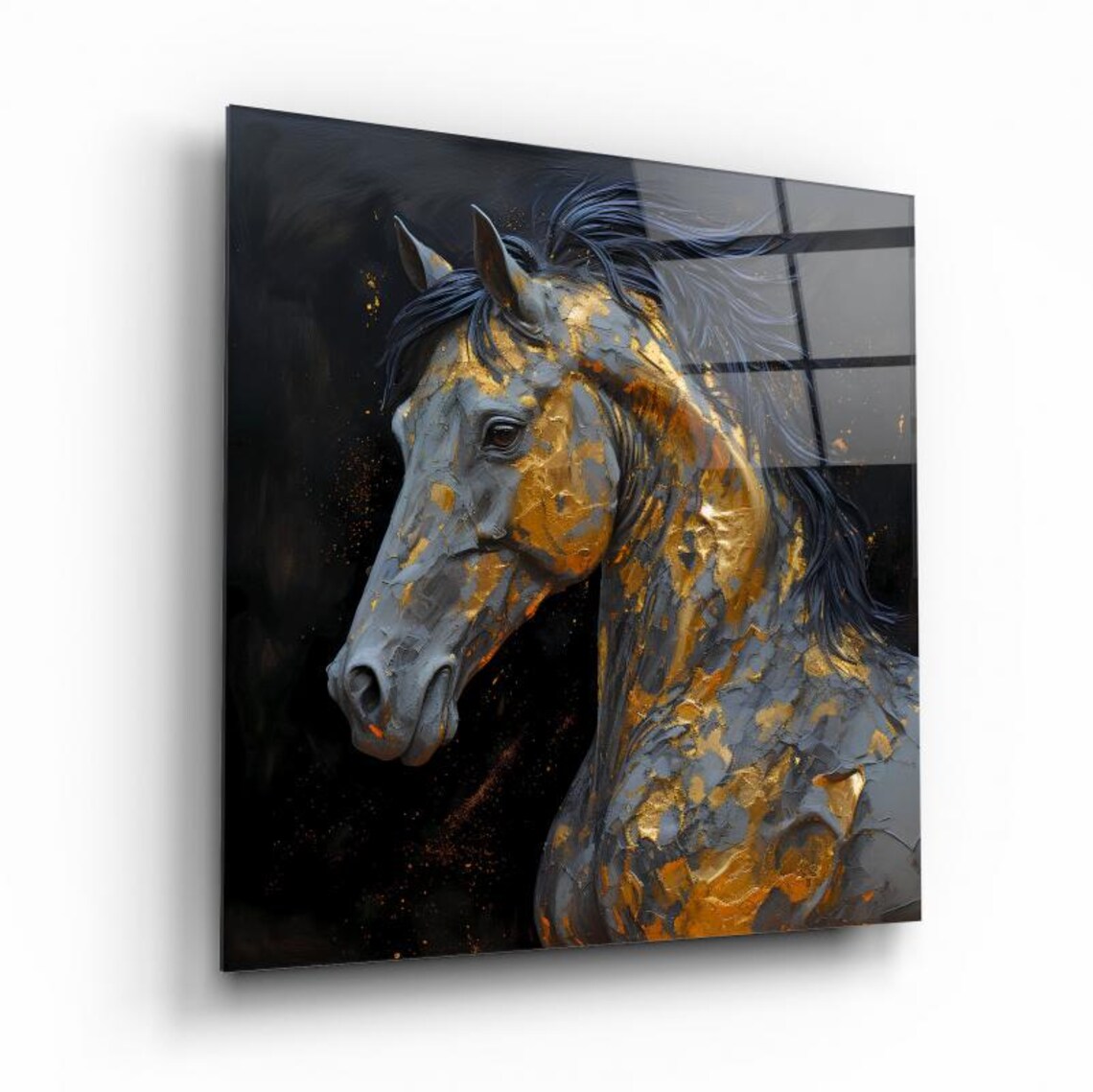 Grey Horse Head with Golden Leaf Paint Detail on Dark Wall Art - Image 2