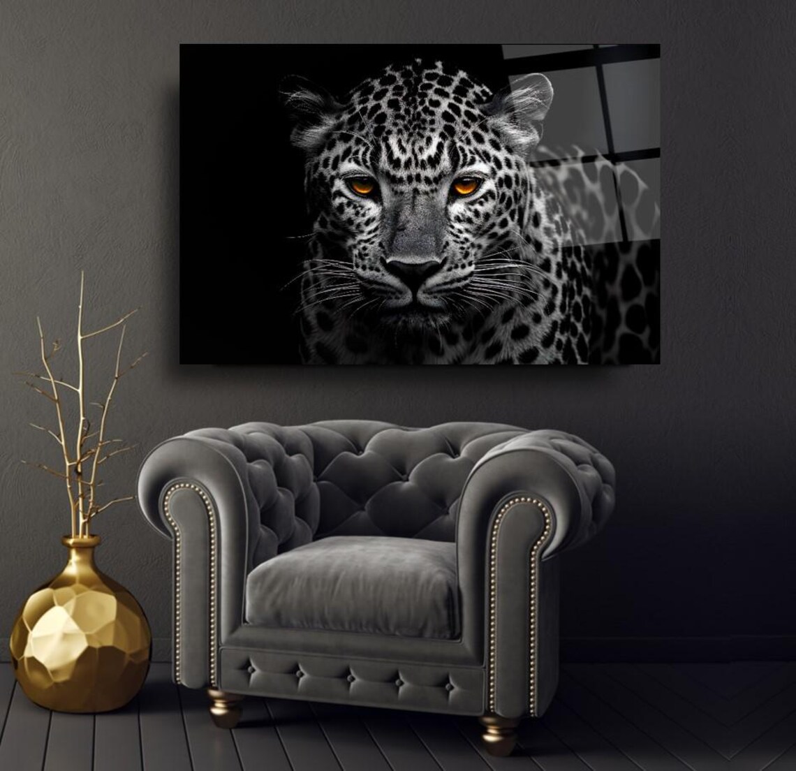 Black And White Leopard Portrait With Piercing Golden Eyes On Black Poster
