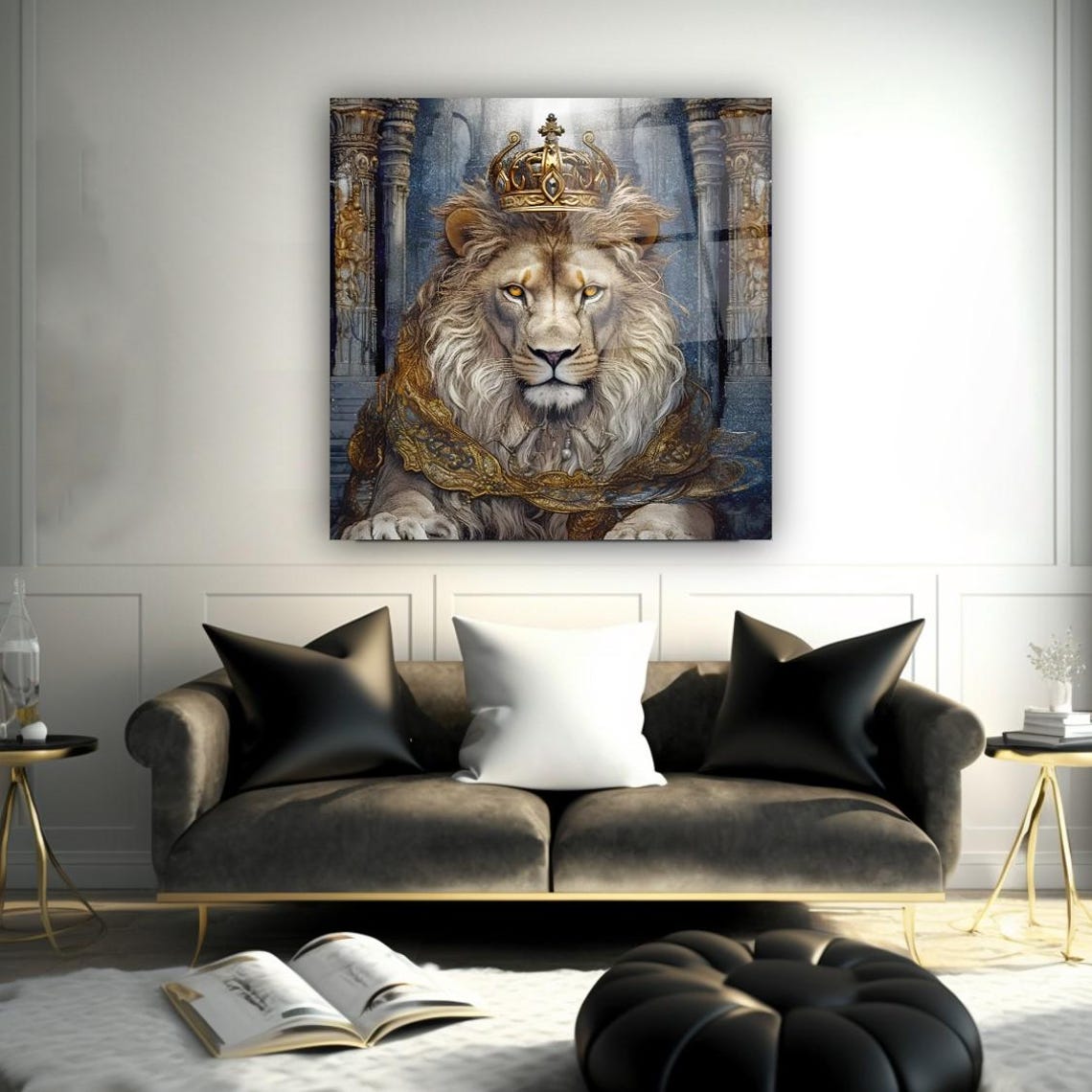 Royal Lion King Wearing Golden Crown Throne Portrait Wall Art - Image 3