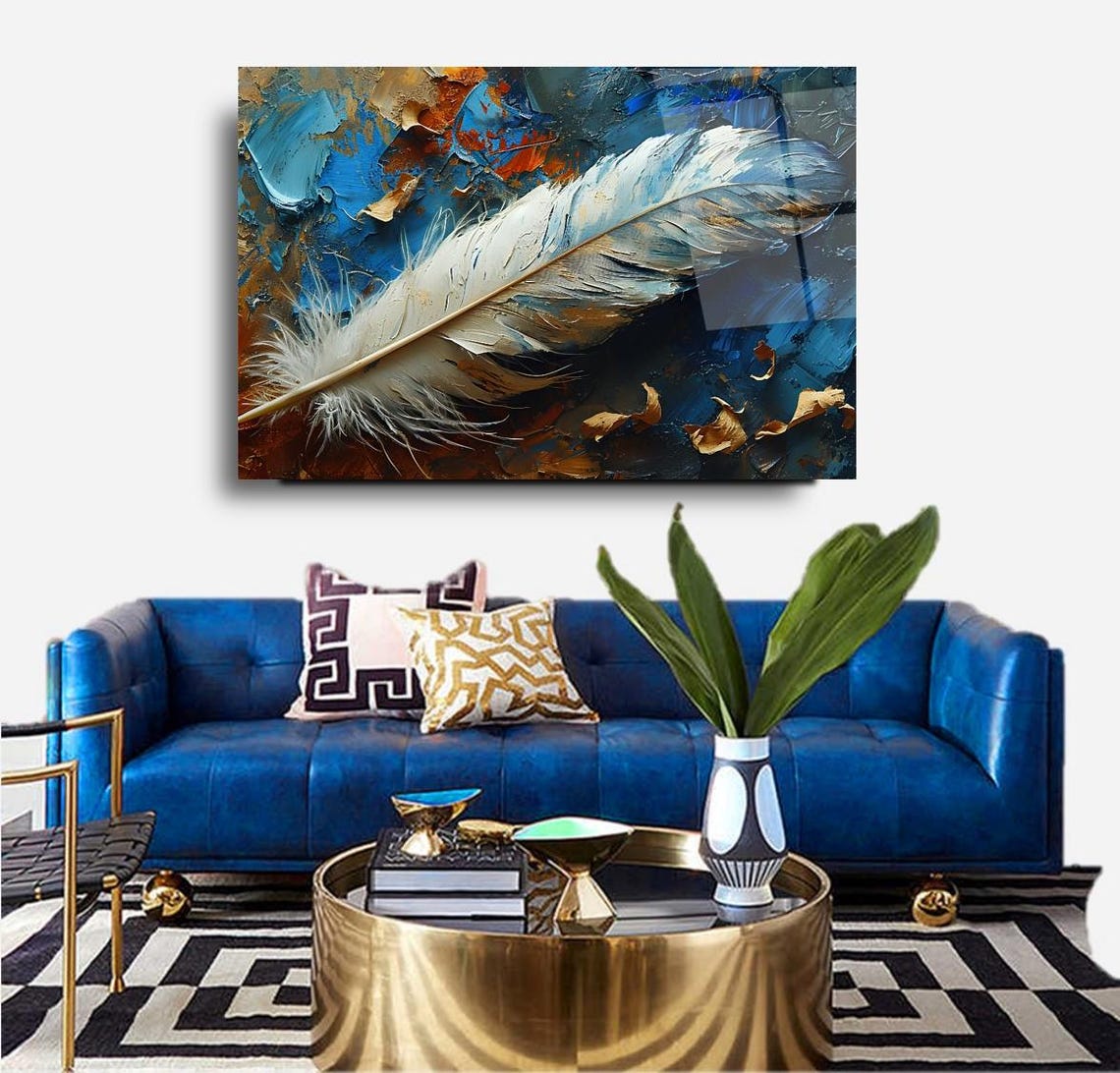 Delicate White Feather On Blue Abstract Textured Modern Poster