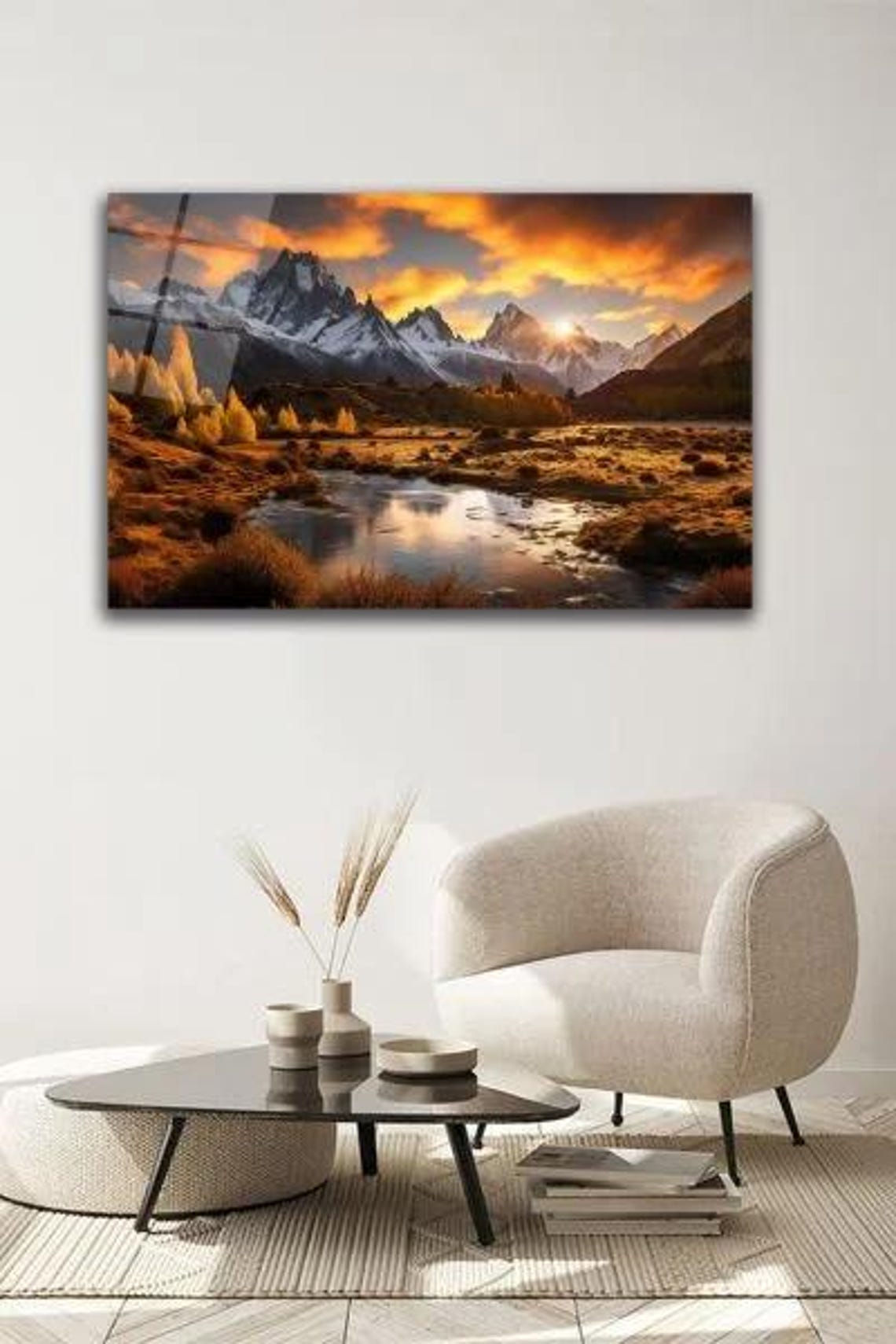 Fiery Sunset Over Jagged Snowy Peaks And River Reflection Poster - Image 2