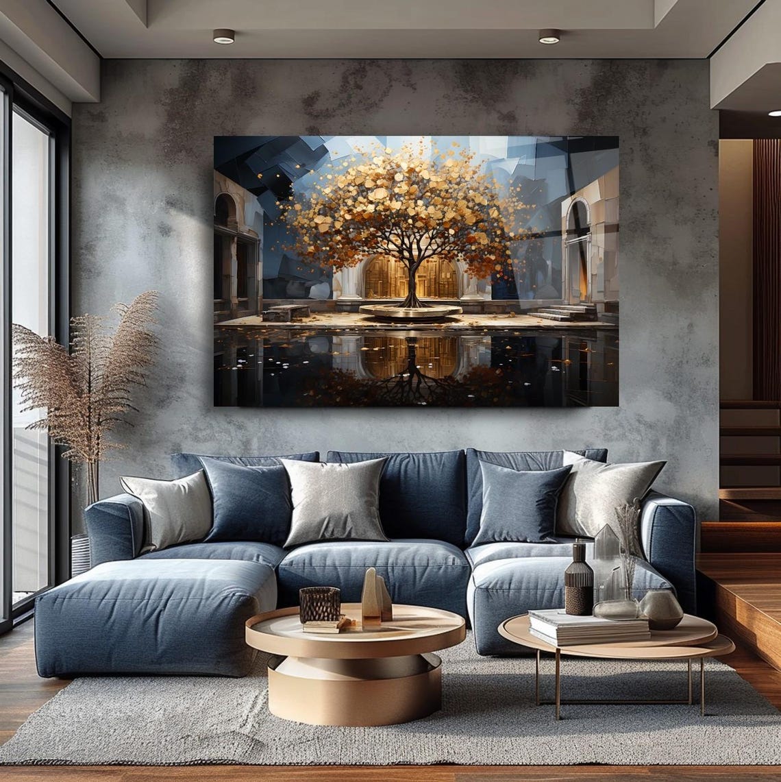 Golden Serenity Tree Wall Art Tempered Glass Print Majestic Courtyard Scene Elegant Glass Wall Decor For Home Or Office