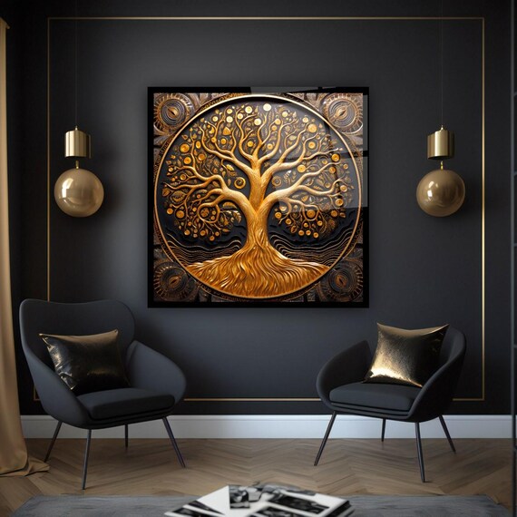 Golden Tree Of Life Wall Art Tempered Glass Print Modern Nature Wall Decor Luxury Glass Wall Art For Home And Office