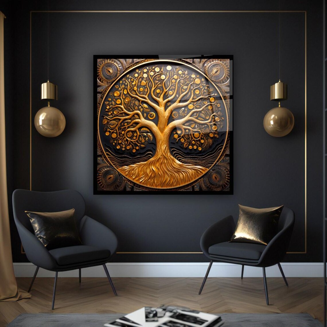 Golden Tree Of Life Wall Art Tempered Glass Print Modern Nature Wall Decor Luxury Glass Wall Art For Home And Office