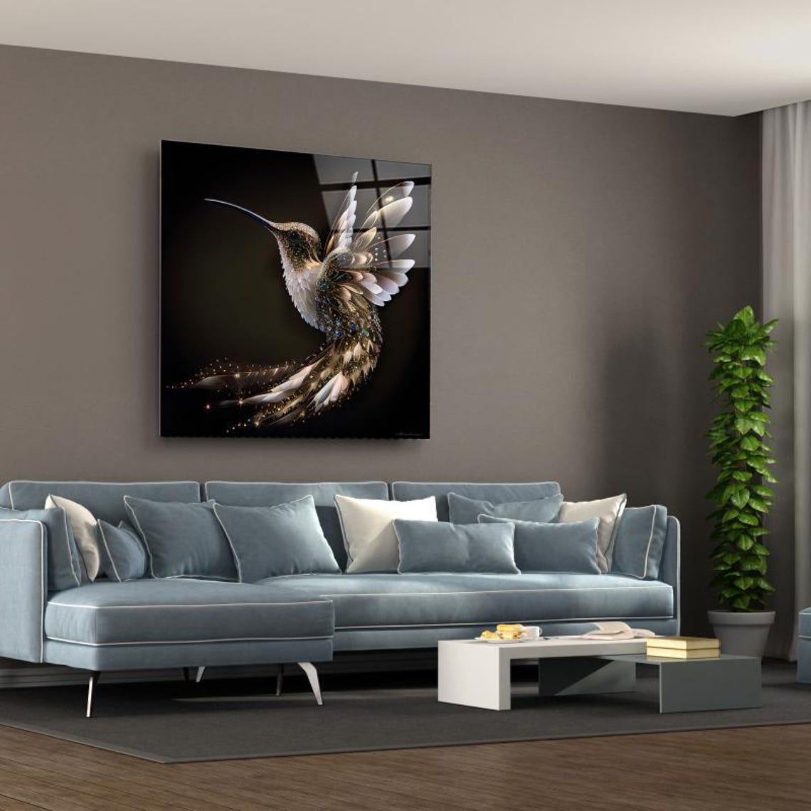 Sparkling Jeweled Hummingbird Hovering in Flight on Black Wall Art - Image 3