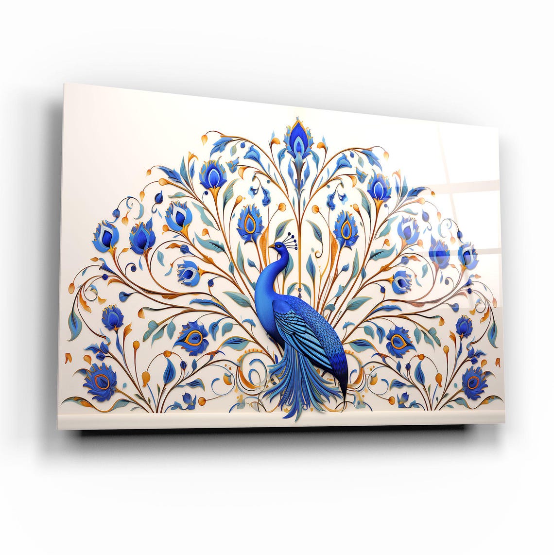 Elegant Blue Peacock with Ornate Floral Tail Feathers Wall Art - Image 2