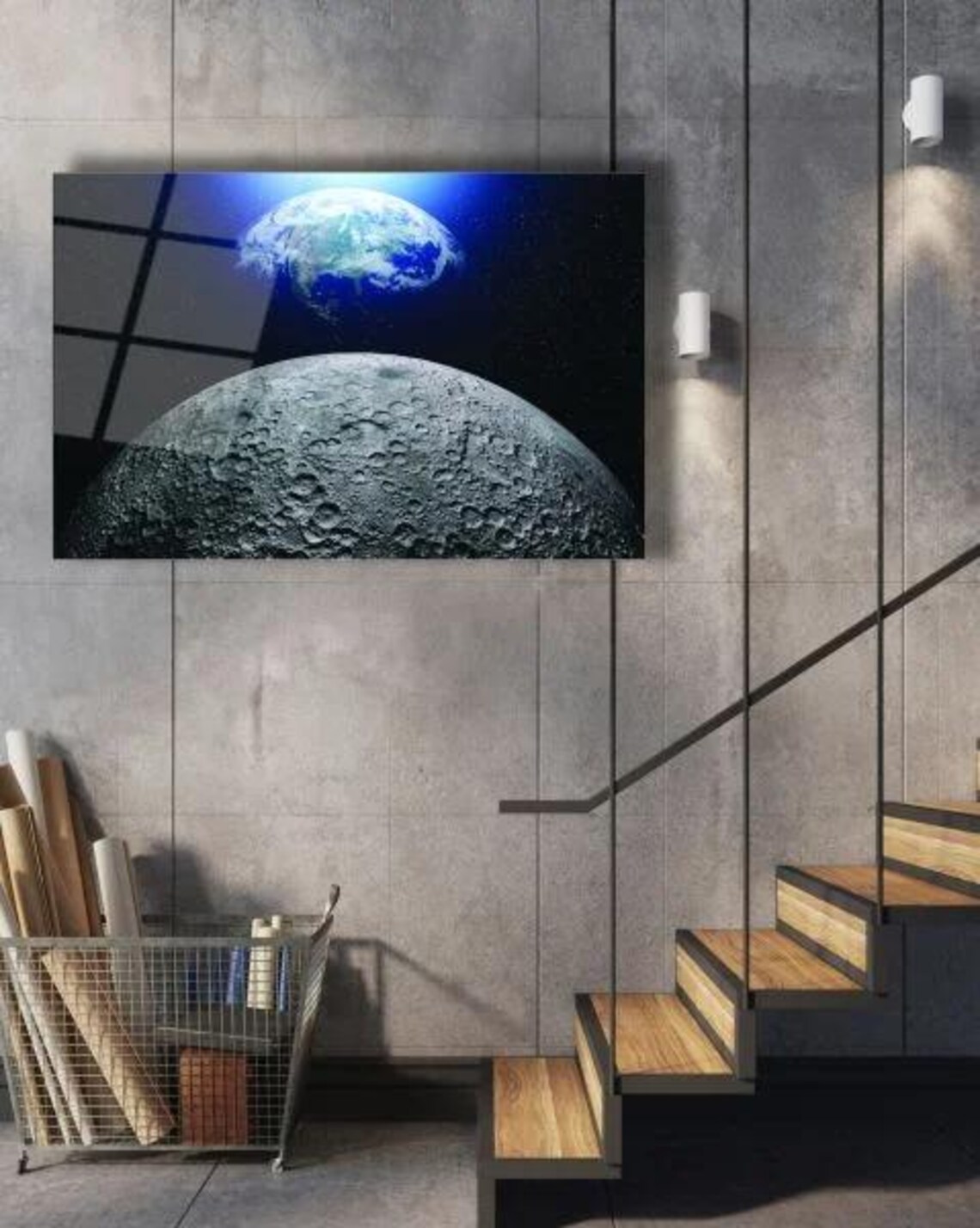 Earth Rising Over the Moon Surface in Deep Space Tempered Glass Wall Art - Image 2