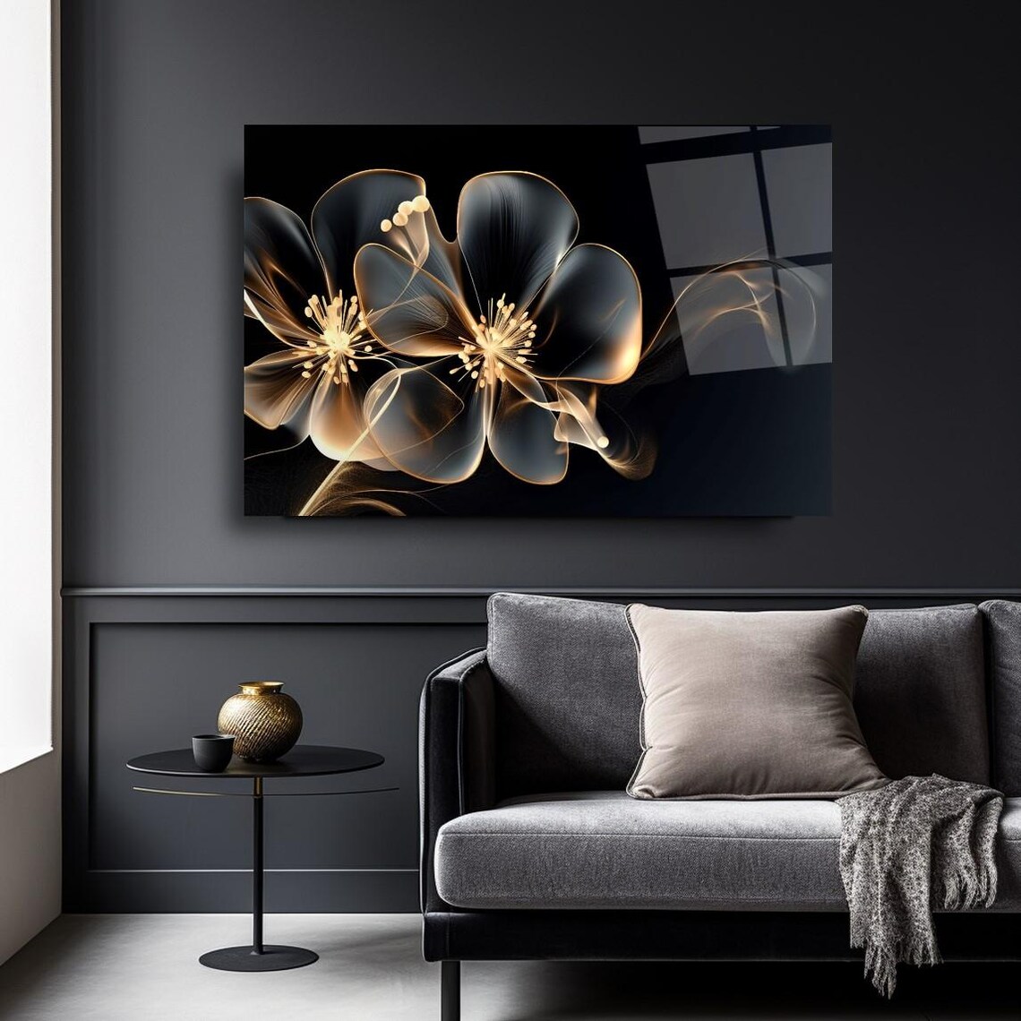 Golden Bloom Floral Wall Art Tempered Glass Print Modern Flower Wall Decor Luxury Glass Wall Art For Home And Office