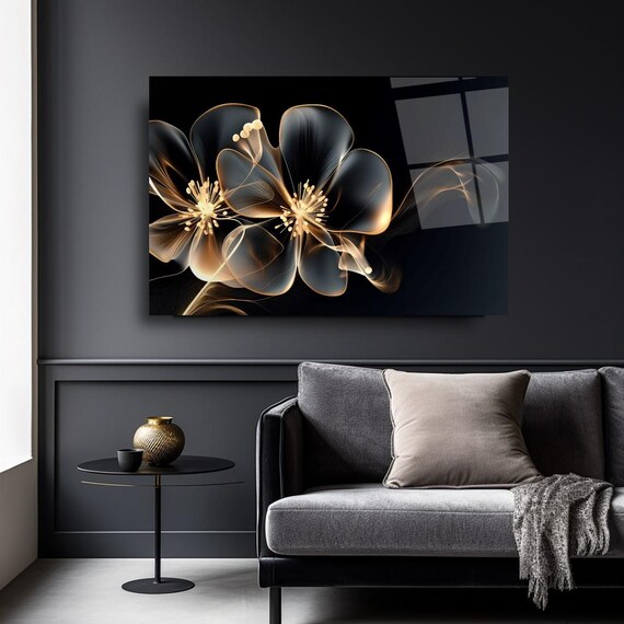 Golden Bloom Floral Wall Art Tempered Glass Print Modern Flower Wall Decor Luxury Glass Wall Art For Home And Office