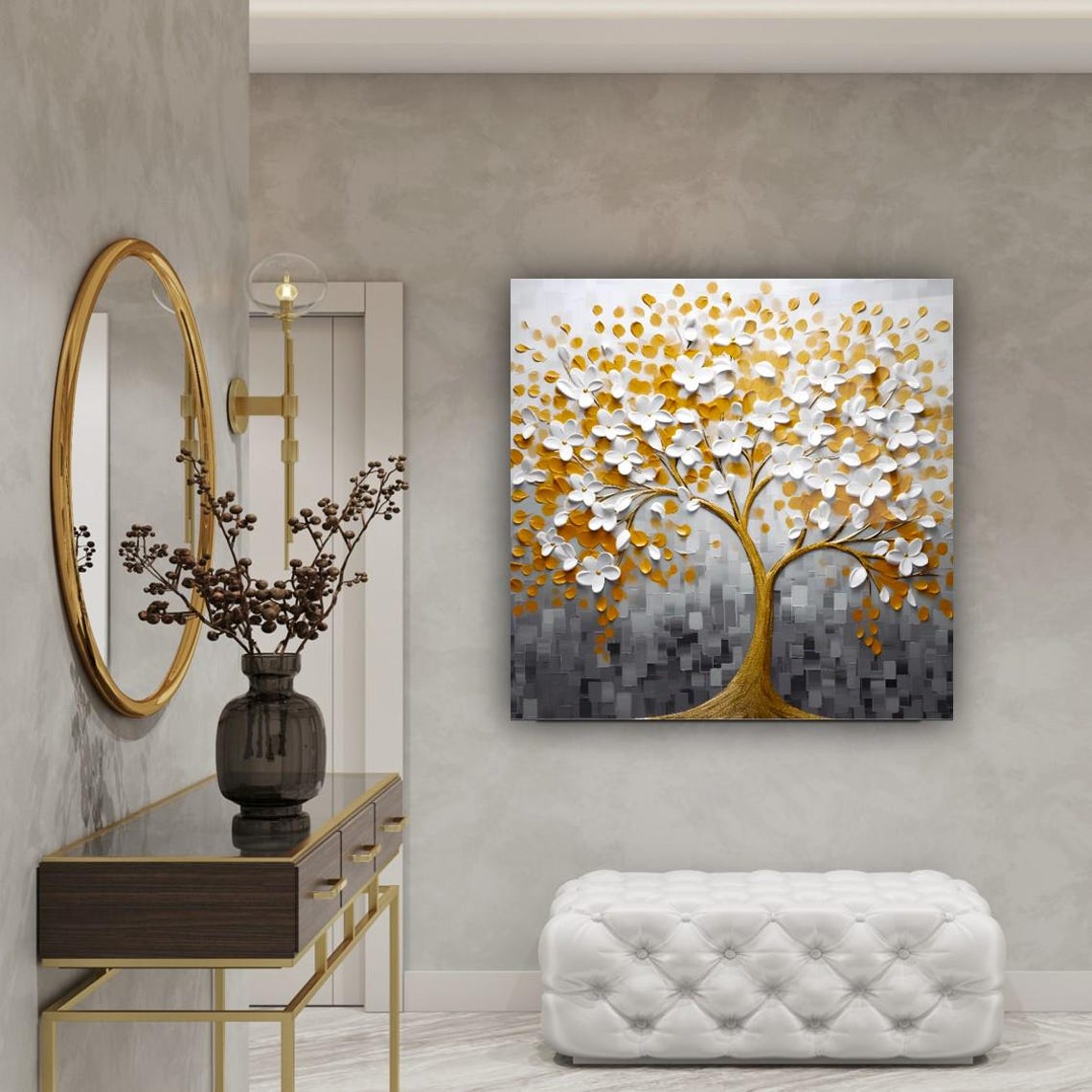 Golden Tree of Life with White Blossoms Abstract Botanical Wall Art