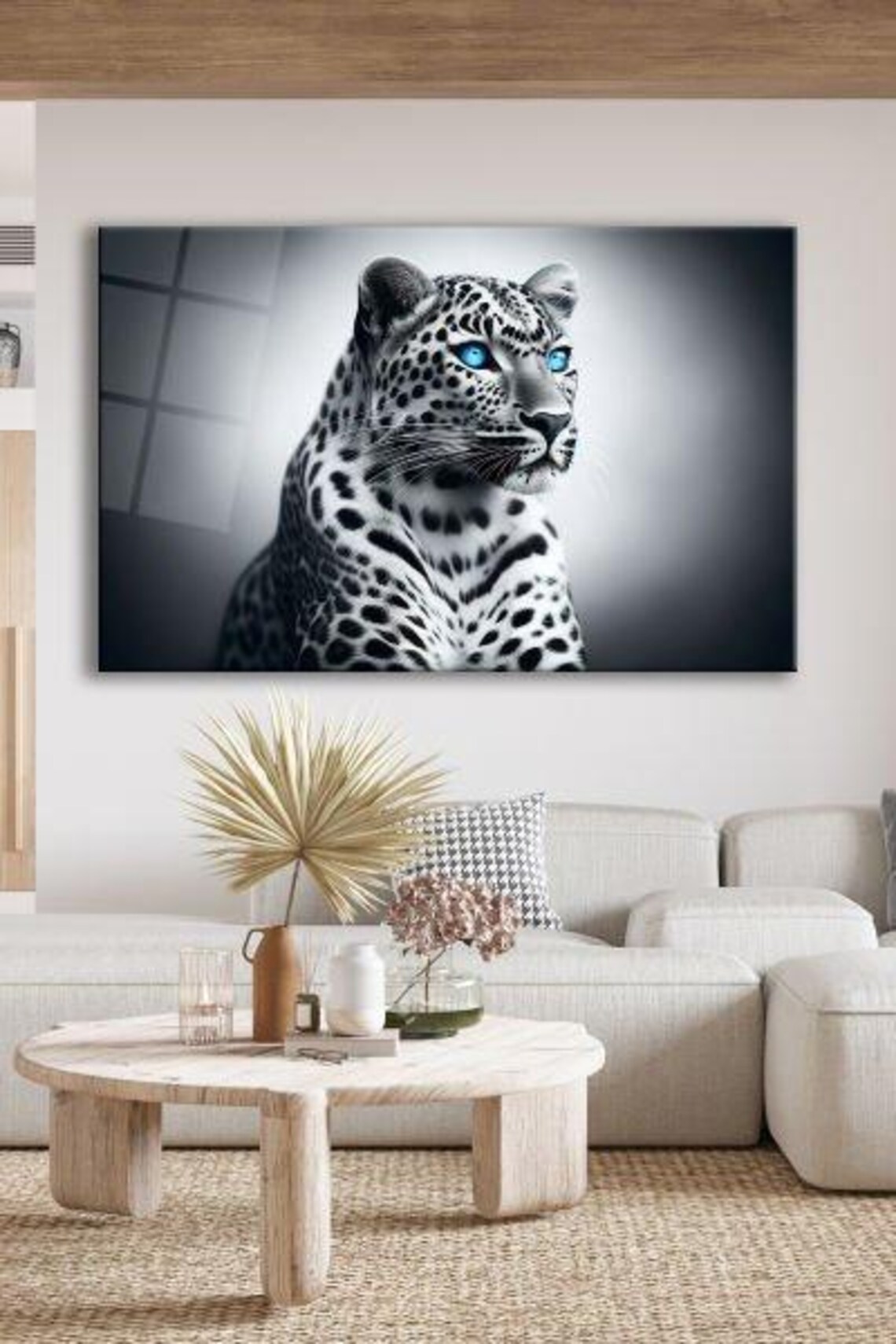 Leopard Portrait With Piercing Blue Eyes Monochrome Wildlife Glass Art Poster - Image 3