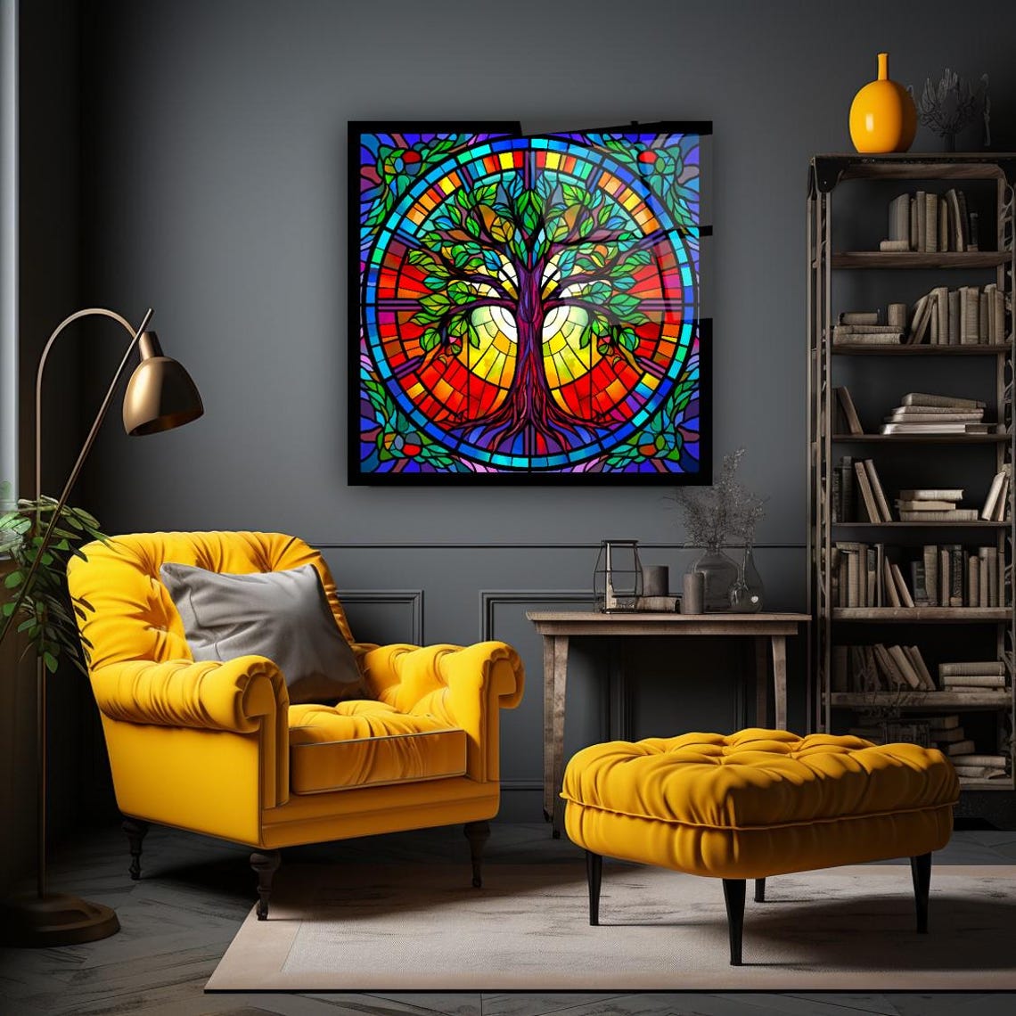 Rainbow Stained Glass Tree Of Life In Circle Window Design Poster - Image 3
