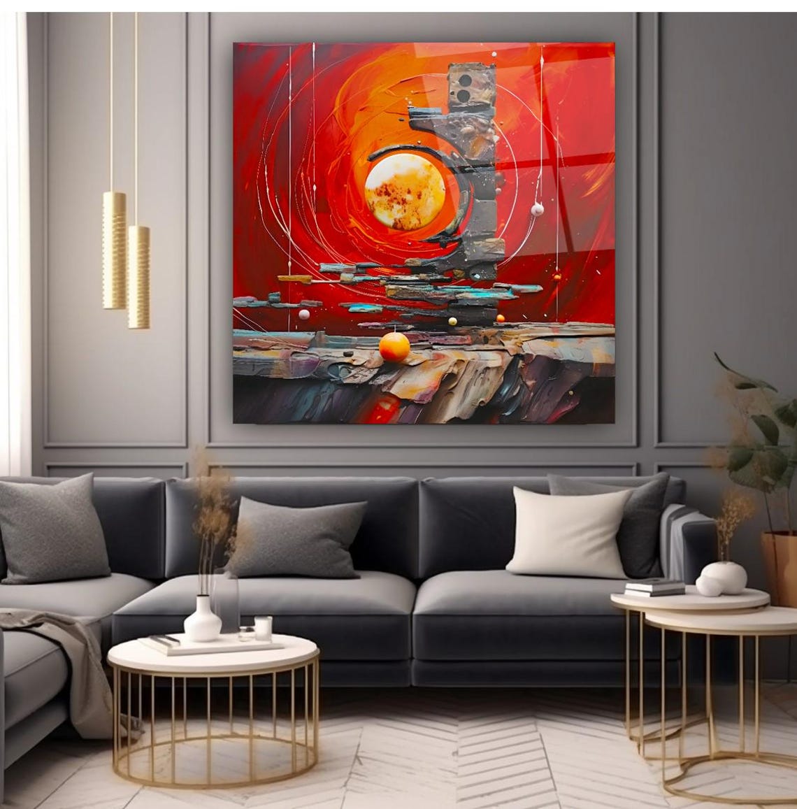 Abstract Red Cosmic Painting With Moon Orb And Stone Totem Poster