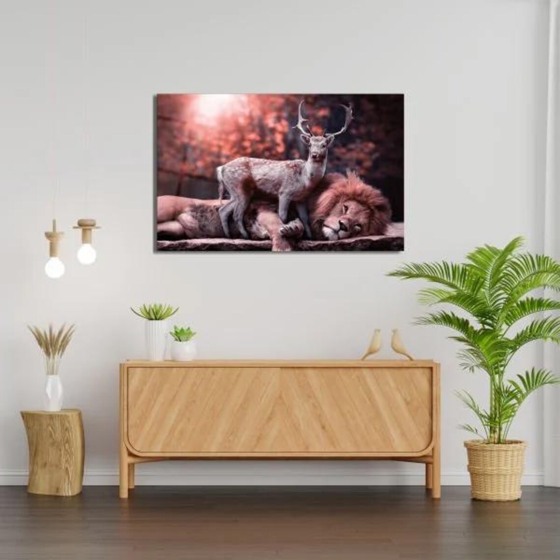 Sleeping Lion And Stag In Enchanted Red Forest Tempered Glass Art Poster