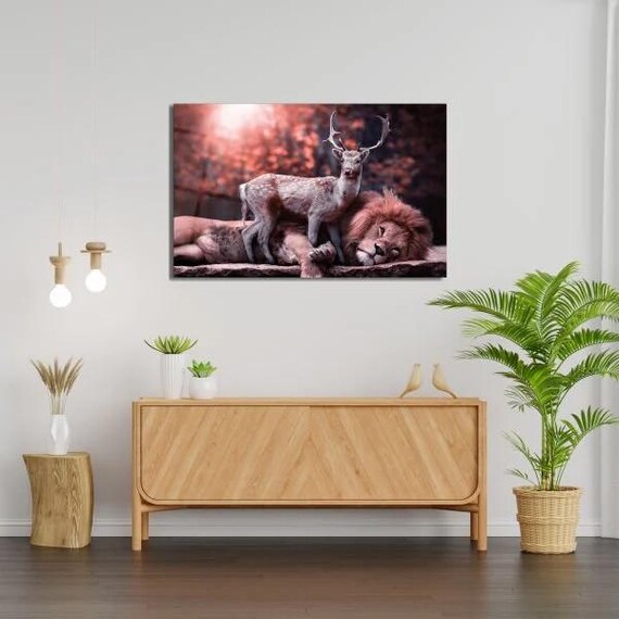 Sleeping Lion And Stag In Enchanted Red Forest Tempered Glass Art Poster