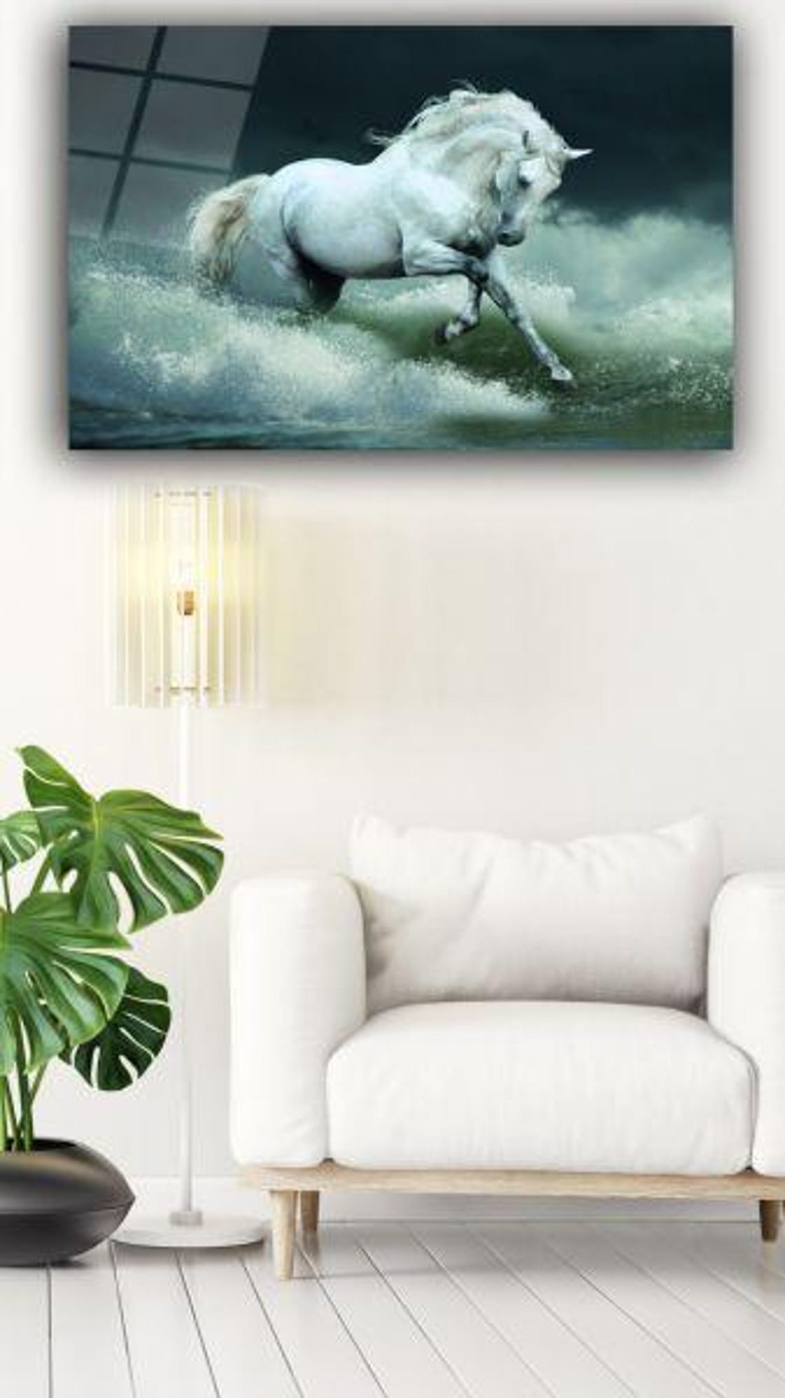 Majestic White Horse in Stormy Seas Dramatic Glass Art Poster - Image 3