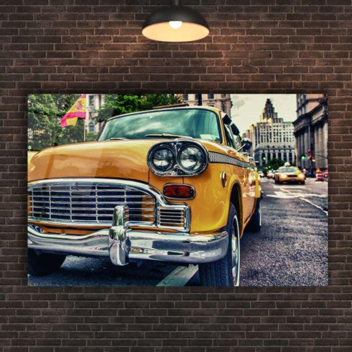 Classic Yellow Checker Taxi Cab Front View On City Street Poster - Image 2