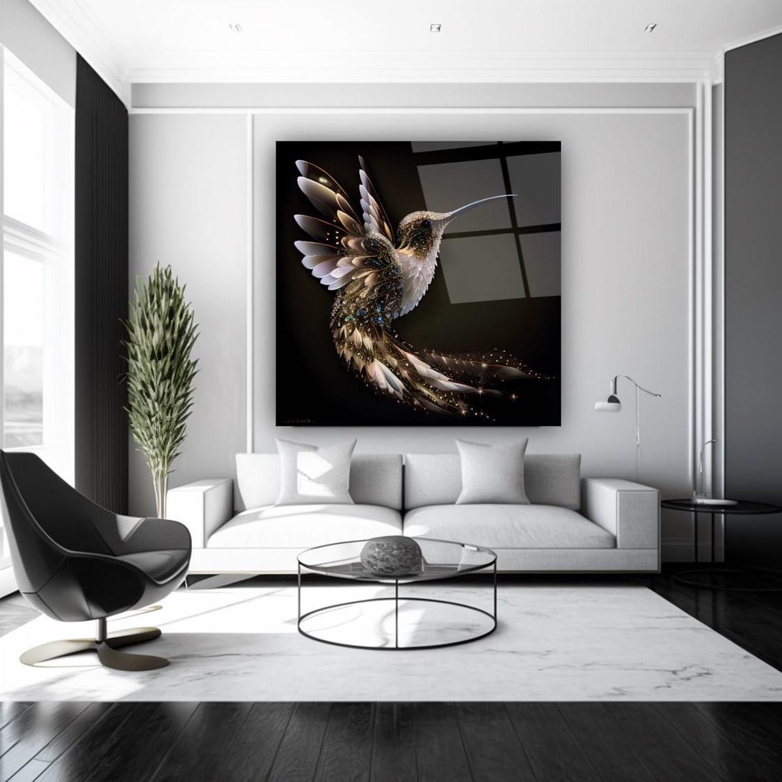 Sparkling Jeweled Hummingbird Hovering in Flight on Black Wall Art