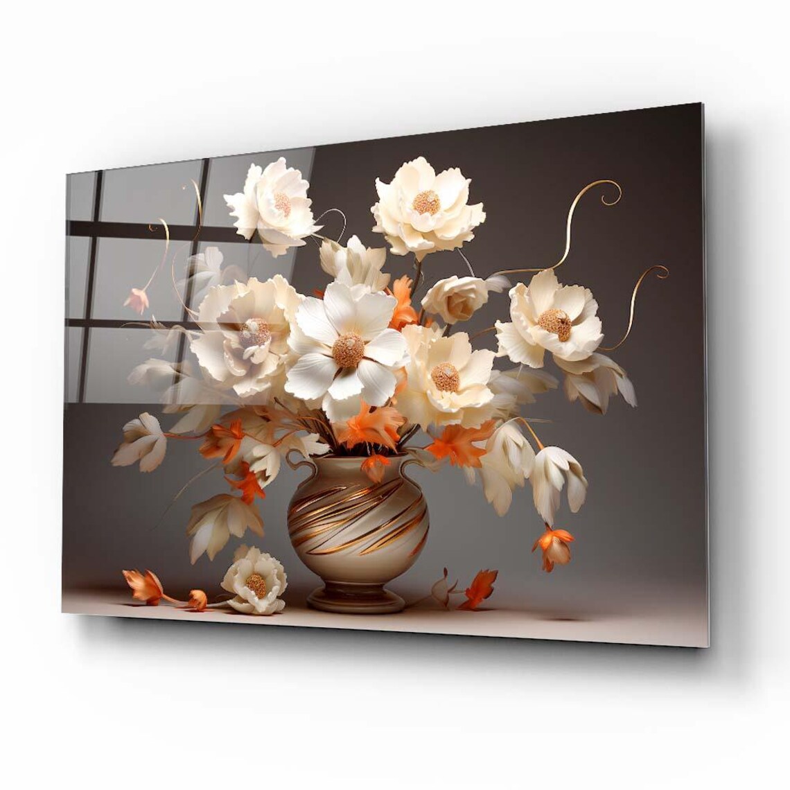 White Orange Floral Vase Elegant Still Life Flower Art Poster - Image 2