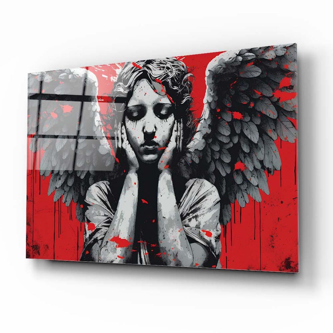 Dramatic Red Gray Angel Portrait Head In Hands Gothic Art Poster - Image 2