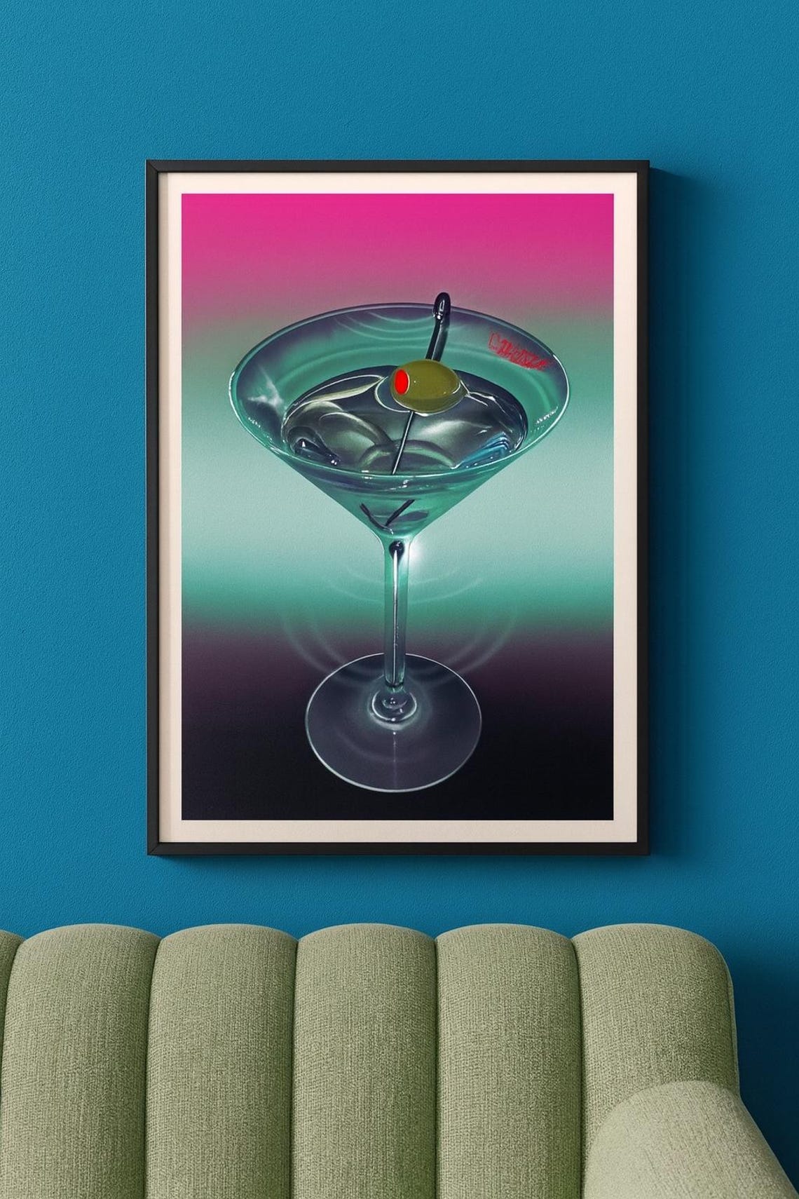 Martini Glass Olive Neon Gradient Modern Cocktail Bar Art Poster