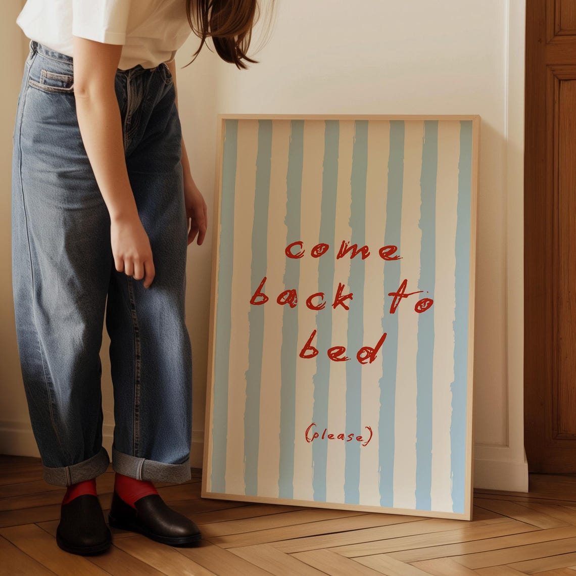 Come Back to Bed Funny Bedroom Striped Doodle Handwritten Wall Poster - Image 3